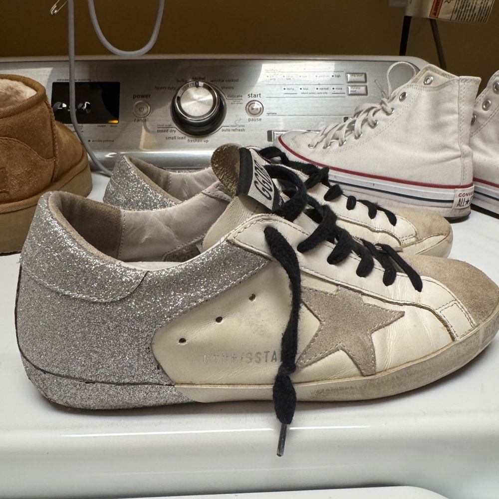 Golden Goose White and Silver Sneakers